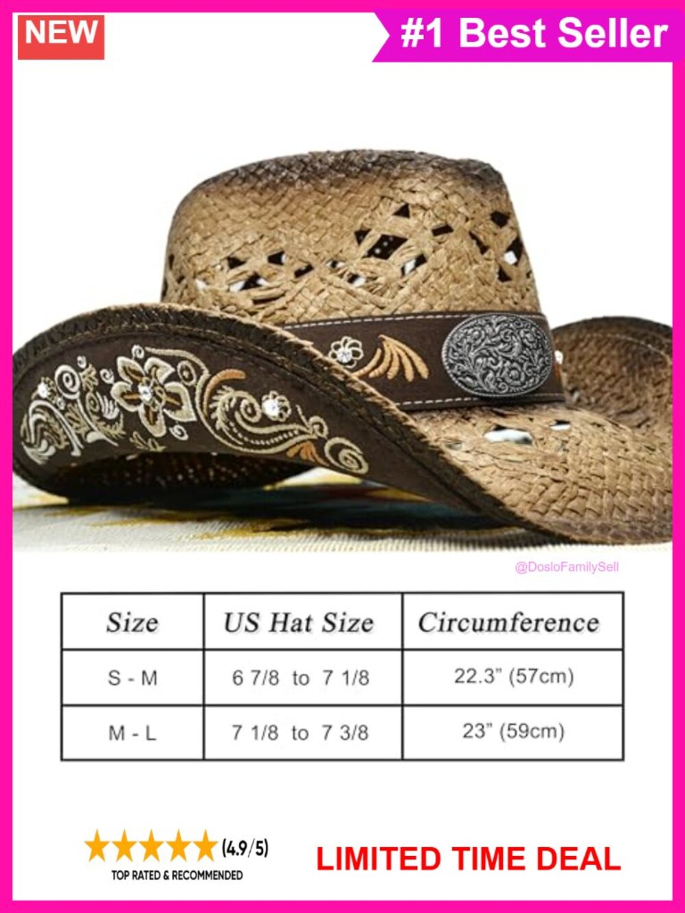 Handmade Straw Western Cowboy Hat Floral Embroidered Adjustable - Picture 3 of 6